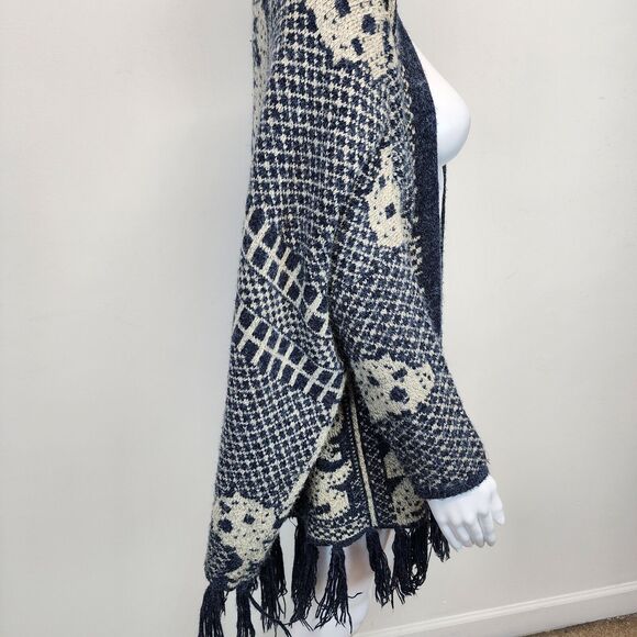 En Ceme Fringe Cardigan Poncho Sweater Size M Relaxed Fit Blue Long Sleeve Boho - Picture 5 of 16